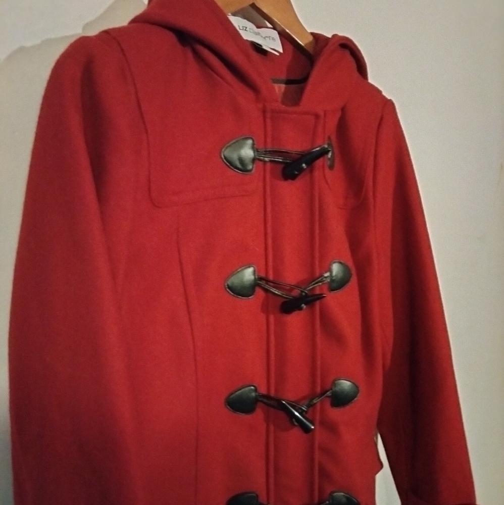 Crimson red hooded wool coat raincoat / trenchcoat